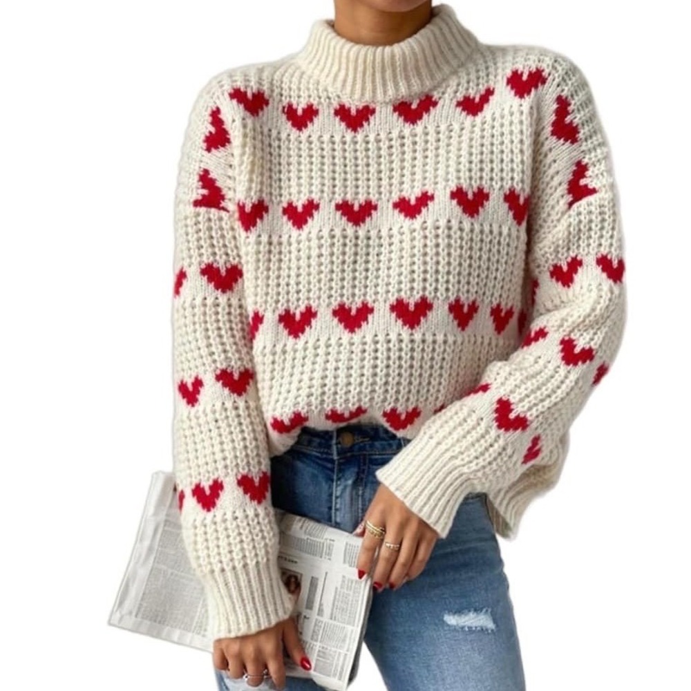 Womens‎ Cream Red Heart Chunky Knit Mock Neck Sweater Pullover Small 0787
